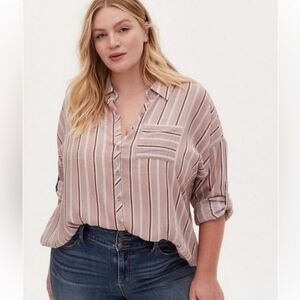 Torrid Lindsay Drop Shoulder Button Down Shirt Size 2 2X Rose Pink White Stripe